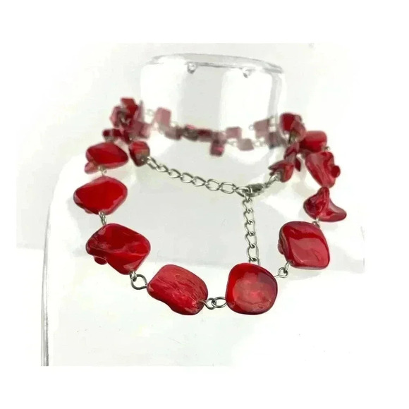 Red Natural Shell Chunky Beaded Necklace 20" Jewelry Silver Metal Tone - Picture 11 of 12